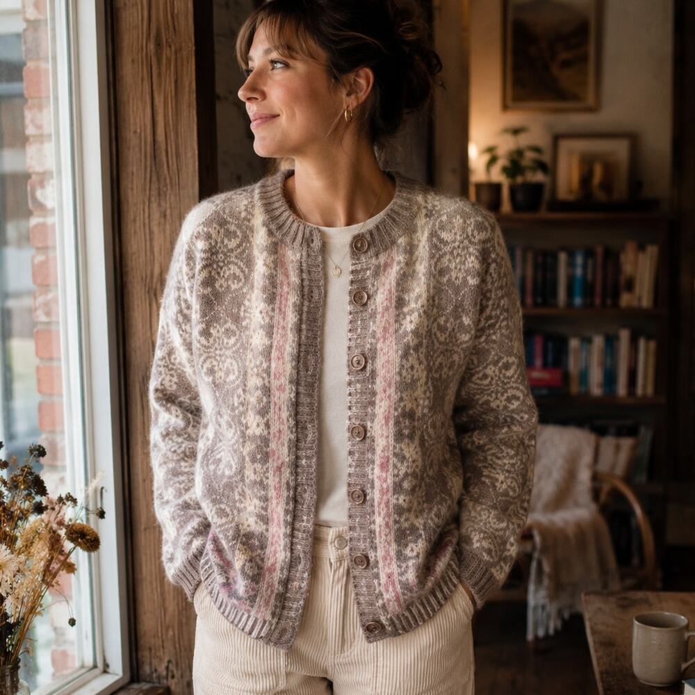Vintage Nordic Cardigan Sweater L Beige Pink Thick Knit Cottagecore Grandma Core